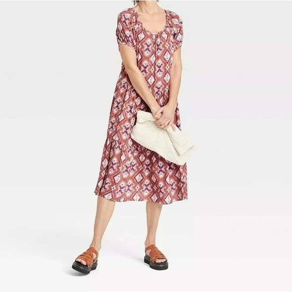 Knox rose women's size XL artsy batik rayon puff sleeve midi boho prairie dress - Picture 10 of 13